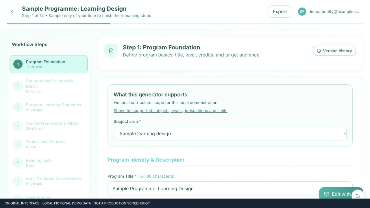 Original Curriculum Generator programme foundation screen with a fictional sample programme