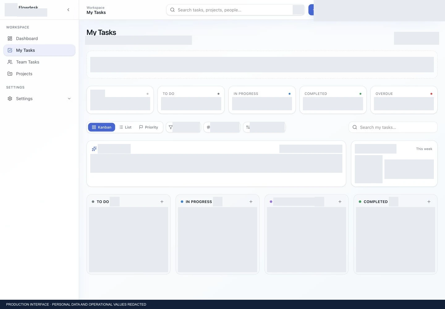 Flowdesk personal task workspace with account details, task content and live values redacted