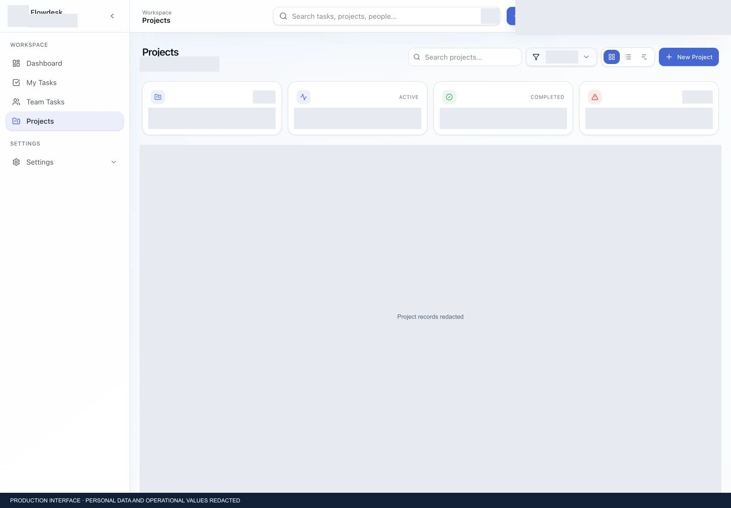 Flowdesk project workspace with project identities, content and progress values redacted