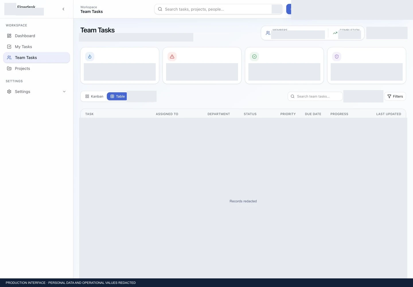 Flowdesk team task register with all employee and task records redacted