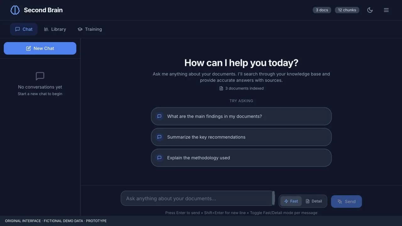 Knowledge chat — conversation navigation, document context and response-mode controls.
