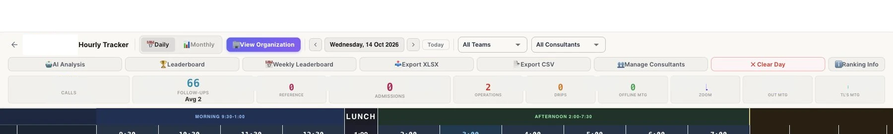 Hourly activity — period, team and consultant controls with export options. Live totals protected.
