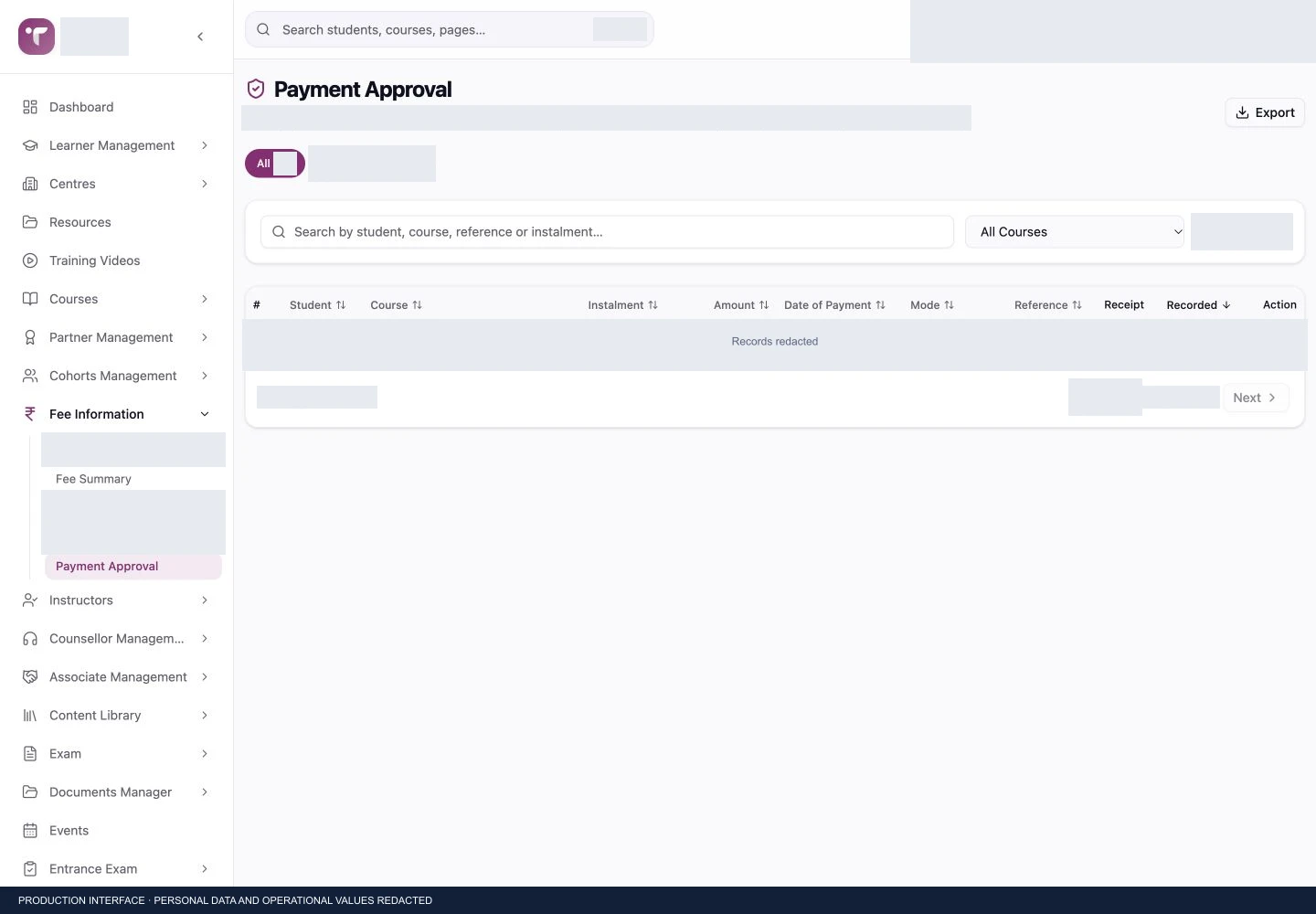 TTII payment approval queue with all financial and student records redacted