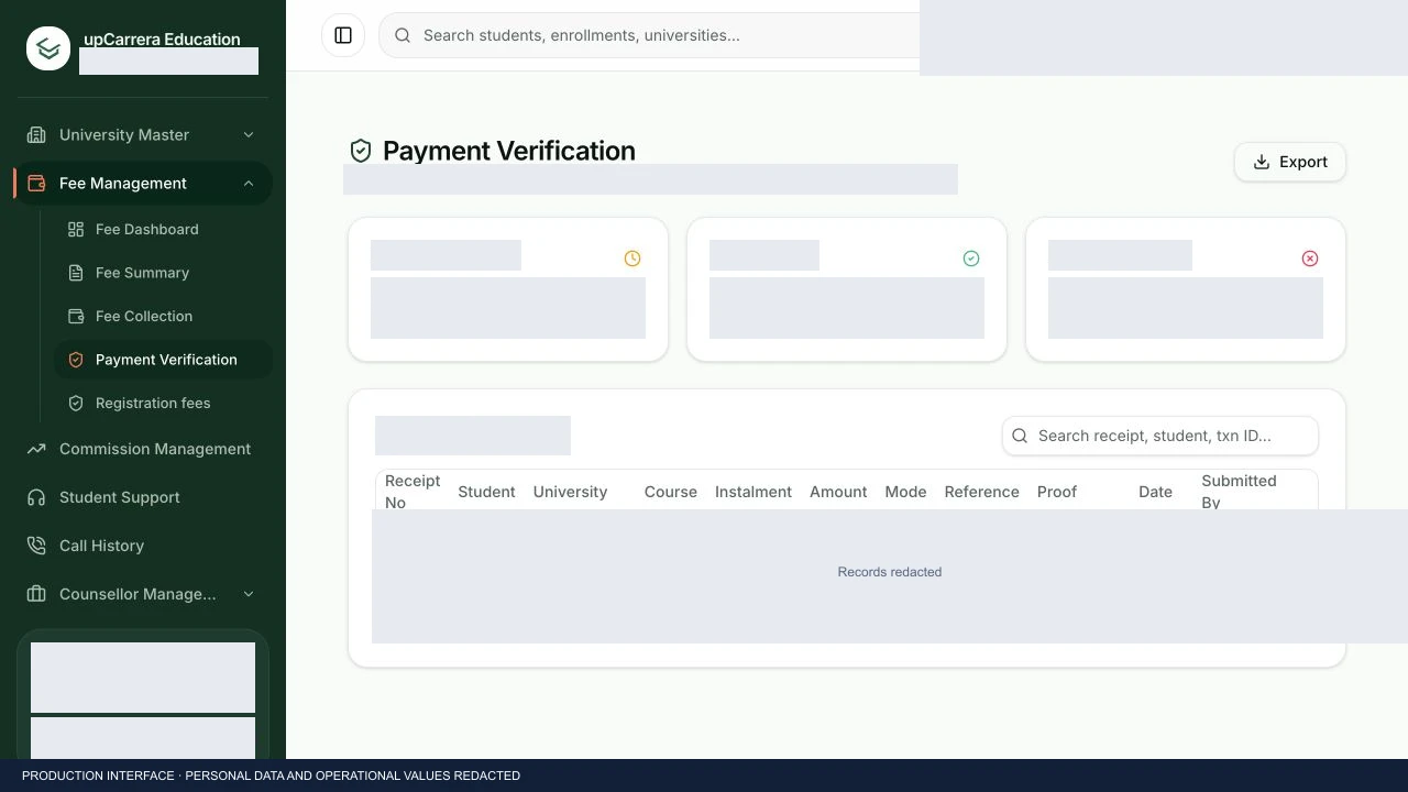 upCarrera payment verification interface with financial and personal information redacted